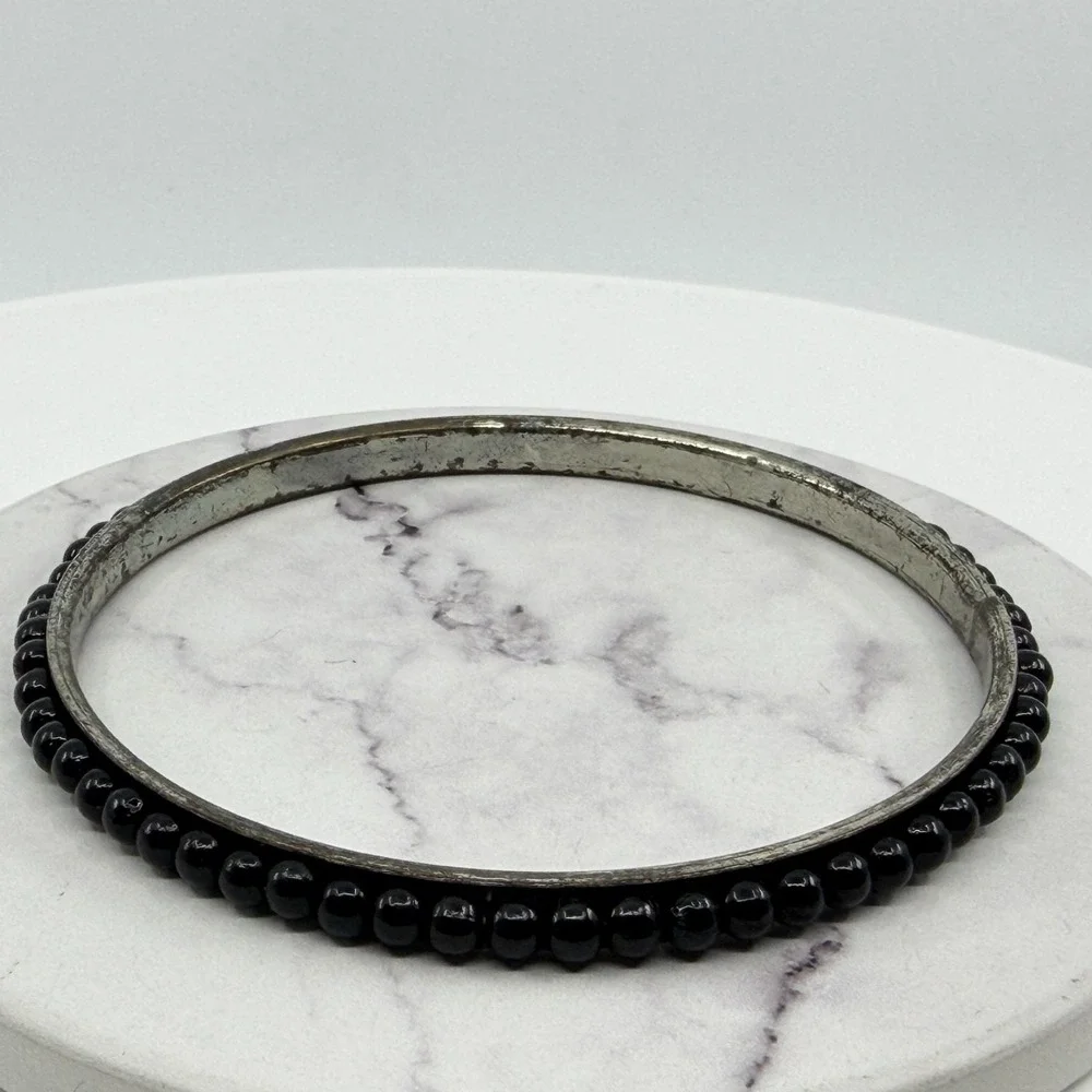 Y2K Black Bead Bangle Bracelet Slim Silver Tone Stackable Minimalist Jewelry